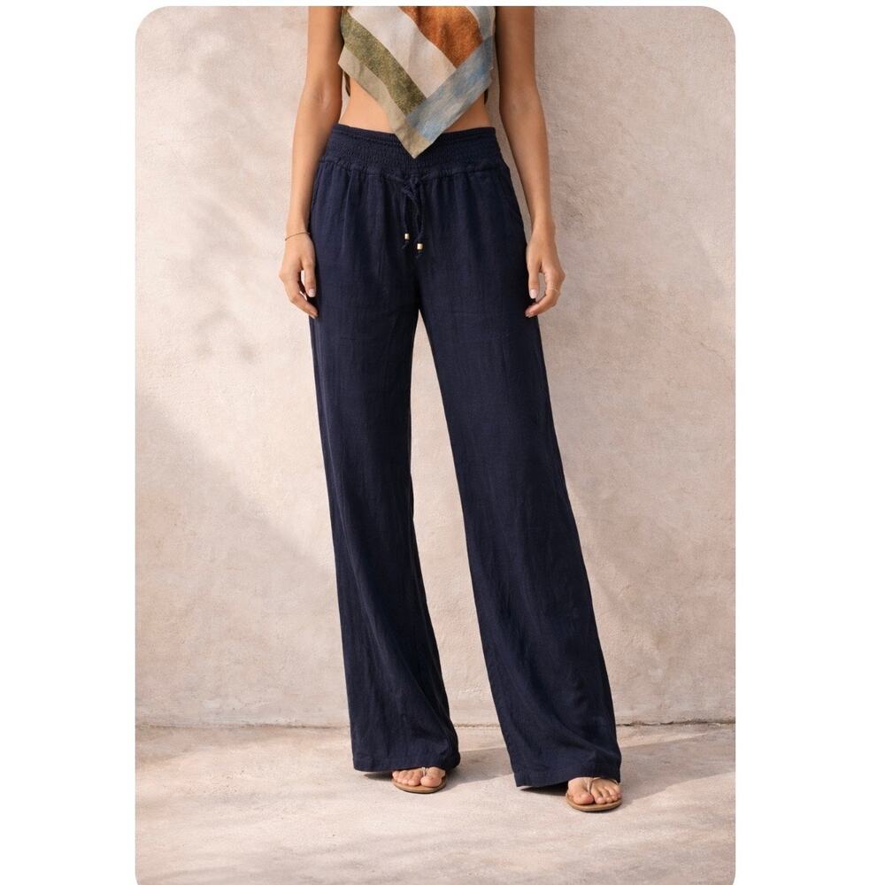Navy Linen Blend Pull-On Resort Lounge Pants | Vacation Ready | L